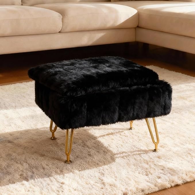 Small Foot Stool with Storage & Gold Metal Legs, Small Ottoman Foot Rest Under Desk for Couch, Chair, Black Furry with High-Density Resilient Sponge