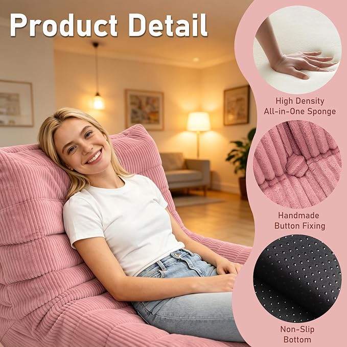Trenda Bean Bag Chairs for Adults - Comfy High-Density Foam Fireside Chair, Adult Size, Soft Corduroy Cover Beanbag Couch, Versatile for Living Room, Bedroom, Dorm, Reading & Gaming (Pink)