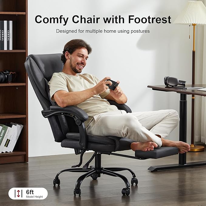 amseatec Office Chair,Big and Tall 400Lbs with Footrest, Ergonomic with Adjustable Backrest, Reclining Computer Chair with Double Lumbar Support, Thick Bonded Leather for Comfy (Gray)