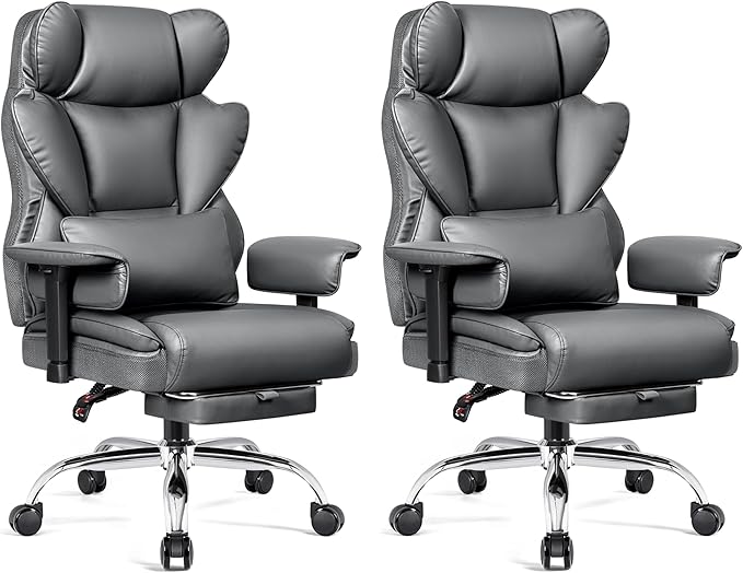 BESTFAIR Big and Tall Office Chair - High Back Executive Chair with Footrest & Lumbar Support for Heavy People, Adjustable Arms, Padded Wide Seat Computer Gaming Chair, Heavy Duty, Gray 2 Pack