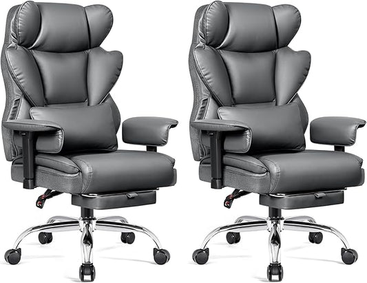 BESTFAIR Big and Tall Office Chair - High Back Executive Chair with Footrest & Lumbar Support for Heavy People, Adjustable Arms, Padded Wide Seat Computer Gaming Chair, Heavy Duty, Gray 2 Pack