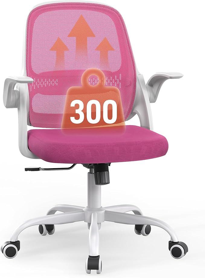 Ergonomic Mesh Office Chair with Flip-Up Arms, Adjustable Height, Breathable Mesh Back & Thick Cushion Seat, 360° Swivel Rolling Computer Desk Chair, BIFMA Certified, Supports 300 lbs (Pink)