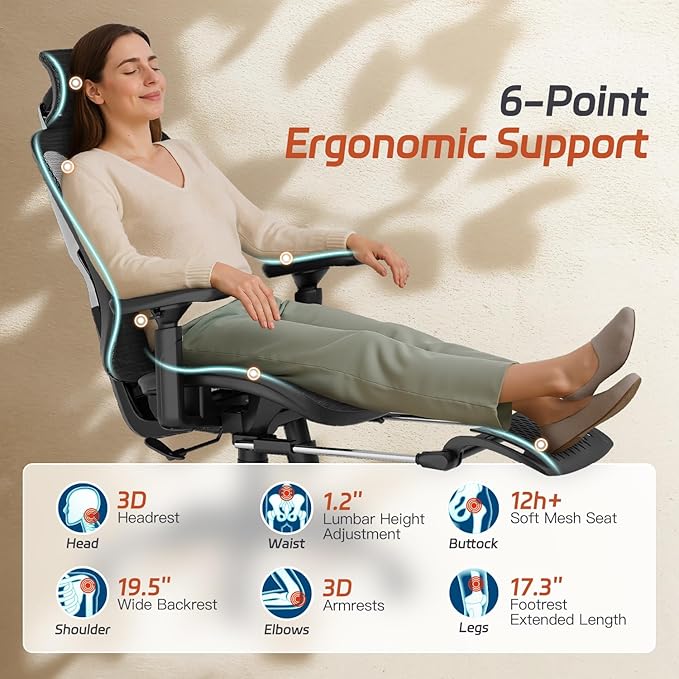 Ergonomic Home Mesh Chair with Footrest, Lumbar Height Adjustment & 215° Rotate Armrests, Recline Lock 90°–120°, High-Back Big and Tall Computer Chair, Heavy-Duty Office Chair, Black