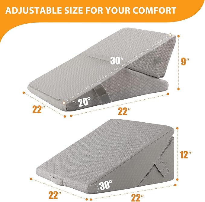 Ruqmuis Bed Wedge Pillow for Sleeping, 9&12 Inch Adjustable Wedge Pillow Set for After Surgery, Triangle Pillow for Back Pain Relief, Leg Support, Acid Reflux, Gerd, Grey