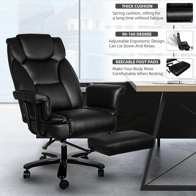 Reclining Office Chair with Footrest, Big and Tall Home Office Desk Chairs 400lbs with High Back, Criss Cross Wide Seat, Heavy Duty Base, Pu Leather, Black