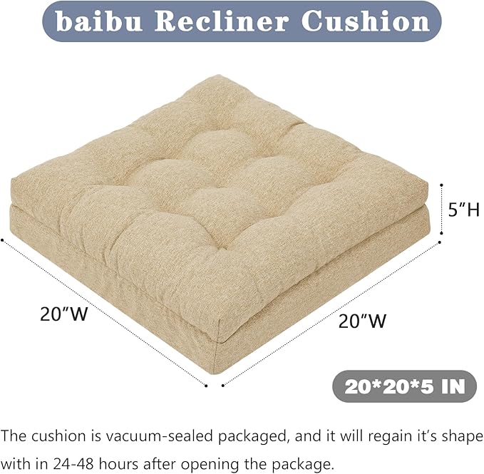 baibu Extra Large Memory Foam Recliner Cushions for Elderly, 20x20x5 Inch Thick Dual-Layer Patent Design Non-Slip Recliner Seat Cushion for Couch for Easy to Stand Up & Reduce Hip & Lumbar Pain, Beige