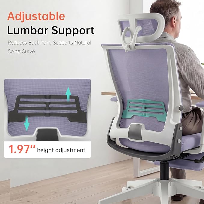 Foldable Office Chair with Foot Rest, Ergonomic Office Chair with Adjustable Lumbar Support, Headrest, Armrest, Home Office Desk Chair for Space Saving, Work from Home, Purple