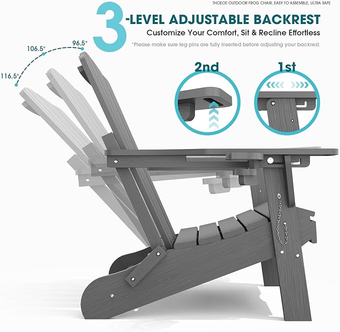 THOEOE Adjustable Adirondack Chair with Retractable Ottoman, HDEP Folding Adirondack Chairs with Footrest 2-in-1 Cup Holder, All Weather Outoor Fire Pit Chair with Foot Rest Set 4 Grey