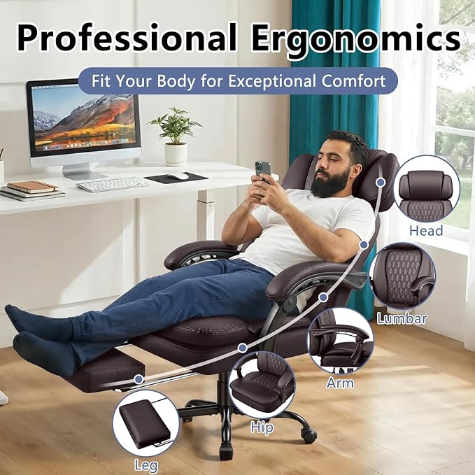 VENDORZe Office Desk Chair with Foot-Rest 400lbs, Heavy Duty Executive Office Chair, Comfy High Back Ergonomic PU Leather Desk Chair with Lumbar Support, Brown