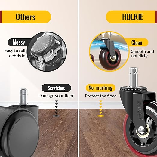 HOLKIE Gaming Chair Wheels - Silent Roller Blade Casters for Esports Rig Replacement - Heavy Duty 11x22mm - Smooth 360° Stealth Glide for Hardwood & Carpet - Set of 5 Red