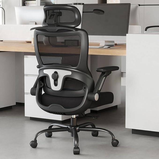 Ergonomic Office Chair, High Back Home Desk Chair with Adjustable Lumbar Support, Flip-Up Arms, Headrest, 90-135° Tilt Lock, Wide Big and Tall Mesh Computer Seating with Wheels