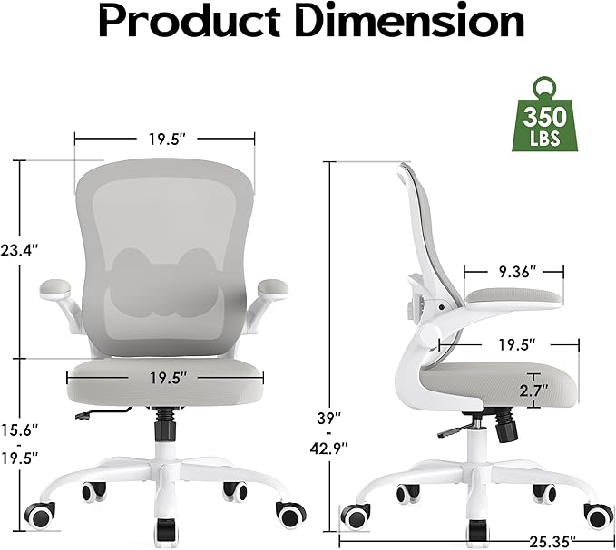 Office Chair Ergonomic Desk Chair - Mesh Comfy Home Desk Office Chairs with Wheels Adjustable Lumbar Support Flip up Armrest Executive Rolling Swivel Teacher Task Computer Chair Light Gray