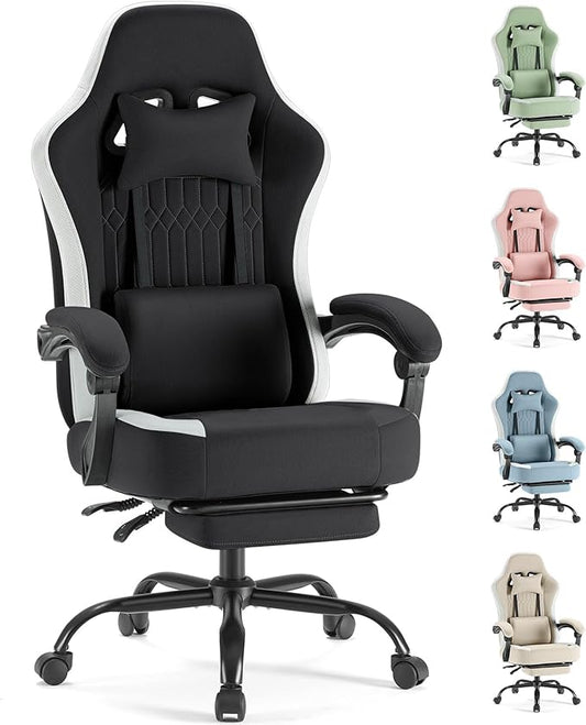 Sweetcrispy Computer Gaming Chair - Ergonomic Desk Chair with Footrest and Lumbar Support, High Back Height Adjustable Task Chair with Linkage Armrests and Headrest, 360° Swivel Wheels, Black