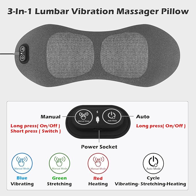 Plug-in 3 in 1 Lower Back Massager for Pain Relief Deep Tissue,Smooth Spine Triple Fusion Back Massager with Heat & Vibration & Traction, Electric Lumbar Support Pillow for Bed,Chair,Office