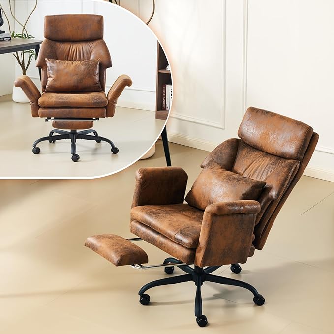 VINGLI 100-130° Reclining Tall Office Chair with Foot Rest & Adjustable Armrests, Ergonomic Criss Cross Chair with Wheels & Headrest, Comfy Wide-Seat Gamer Chair for the Heavy, Microfiber, Vintage