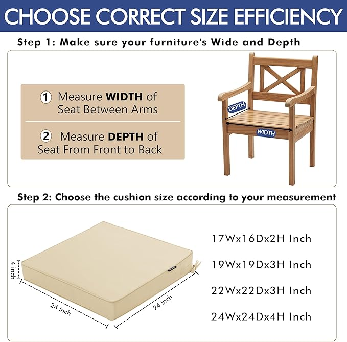 Outdoor Chair Cushions 24 x 24 Inch Water Resistant Patio Chair Cushions with Tie 3 Year Color Fastness Thick Outdoor Seat Cushion for Garden Lawn Patio Furniture Beige Set of 2