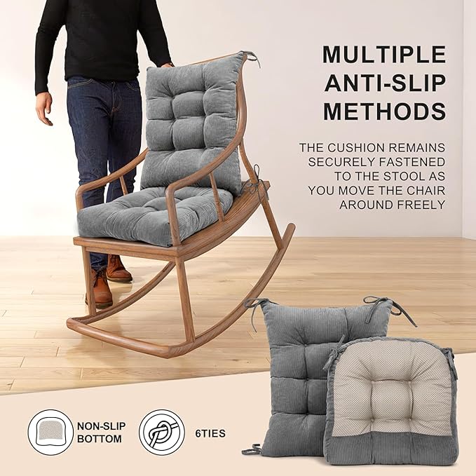 Lokex Rocking Chair Cushion Only,Tufted Non-Slip Comfortable Rocking Chair Cushions Indoor with Ties,Striped Rocking Chair Pads (Gray-S2064-19, 21x17/17x17)