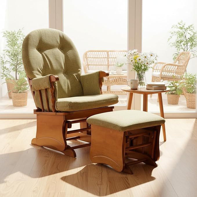 Glider Rocking Chair with Ottoman Set, Solid Wood Nursery Glider Rocker with Padded Cushion, High Back Upholstered Swivel Glider for Living Room, Nursing, Reading, 280LBS Weight Capacity,Oak+Khaki