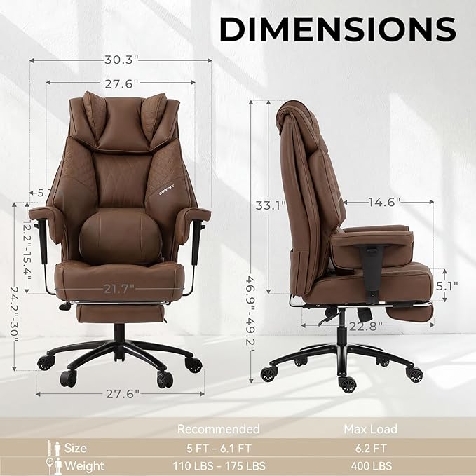 Dowinx Big and Tall Office Chair with Massage Lumbar Support,Executive Office Chair with Wide Thick Seat Cushion and Adjustable Armrest,Computer Gaming Chairs with Footrest (PU-Brown)