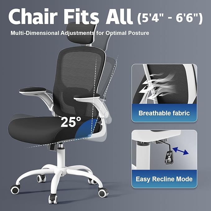 Office Computer Desk Chair - Lumbar Support and Headrest, Ergonomic Mesh Back Swivel Task Chair,Flip-Up Arms for Desk Work, 90-120° Tilt Rolling Chair for Home Office(White-Black6076)