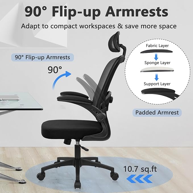 KLASIKA Desk Chairs with Wheels, Ergonomic Mesh Back Home Office Chair with Headrest, Adjustable Lumbar Support Swivel Rolling Computer Chairs with Flip Up Arms for Conference Meeting Room, Black, 6PK
