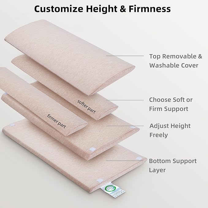 Adjustable Lumbar Support Pillow for Bed, Back Sleeping Cushion with Removable Height Layer & Dual-Firmness Inserts for Lower Back Pain Relief, Spinal Alignment & All-Night Comfort