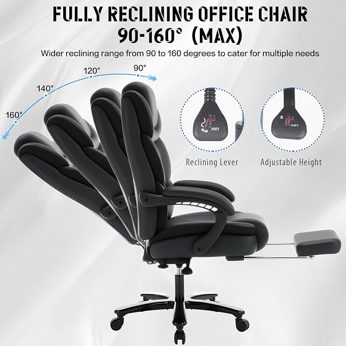 500lbs Recliner Office Chair with Footrest Lumbar Support, Wide Seat Plus Size 500lbs Big Tall Reclining Office Desk Chair, Black