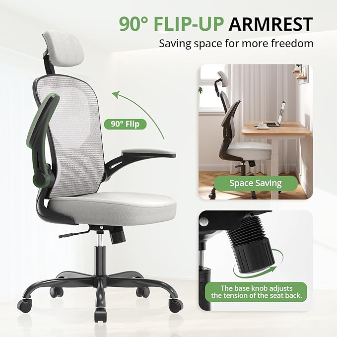 Synorla Office Chair Ergonomic Desk Chair, 330LBS Capacity, High Back Computer Design for Long Hours Comfort, Rolling Swivel Executive Task for Home Office with Flip-up Armrests, Black Grey