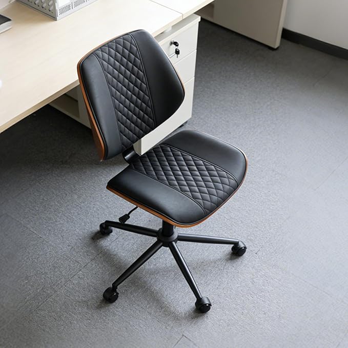 DYHOME Modern Walnut Home Office Chair with Wheels, Executive Office Desk Chair No Arms, Adjustable Height Small Desk Chair, Comfy PU, Deeper Cushion, Mid Back 360 Swivel Computer Chair, Black