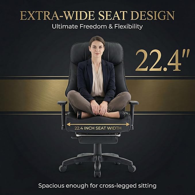 Big and Tall Office Chair 400lbs, Premium PU Leather Executive Chair with Extra Wide Saddle Seat for Cross Legged, 3D Armrests, Footrest, Heavy Duty Ergonomic Reclining Desk Chair (Black)
