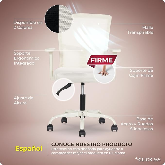 AeroCore M120 Ergonomic Mesh Office Chair, Breathable DeskChair with Lumbar Support, Cushioned Seat, Adjustable Height, Fixed Arms & Swivel, 275lbs Capacity, Cream