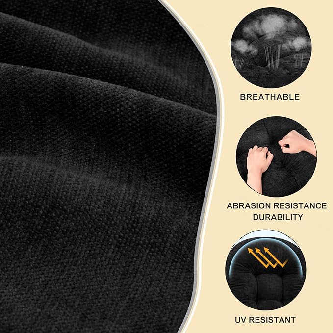 Rocking Chair Cushion - Chenille Fabric, High-Density Sponge, Durable Comfort Non-Slip Bottom Tufted Seat Pads with Ties, Chenille︱Black, 44x19x4 inch