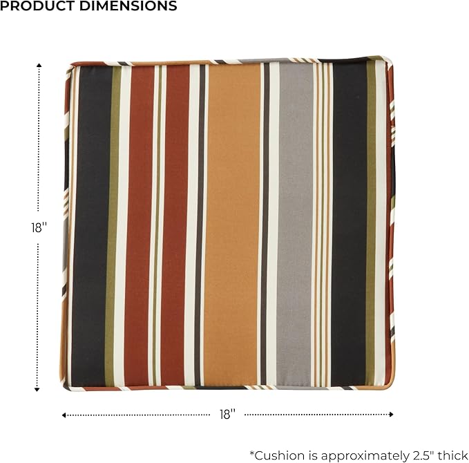 Outdoor 18 inch Square Patio Dining Chair Pads – Comfortable Fiber-Filled Seat Cushions with Ties, Reversible Polyester Fabric - Brick Stripe, Set of 4