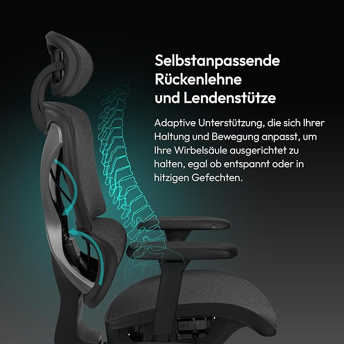 ThunderX3 XTC Ergonomic Office Chair, for Adults Gaming Chair, High Back Desk Chair, Synchronous Tilt, Self-Adjusting Lumbar Support and Backrest, Adjustable Headrest, Fabric, Loft Dark Grey