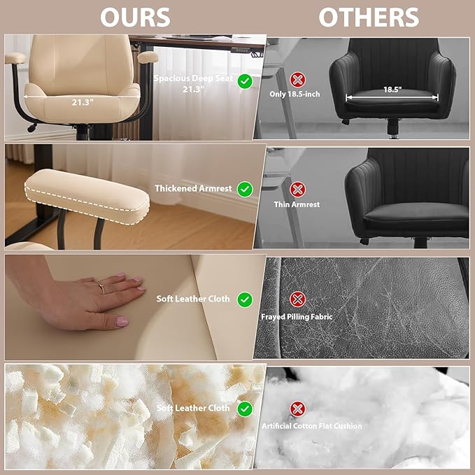 Office Chair, Ergonomic Computer Chair with Adjustable Headrest and Lumbar Support, Executive Leather Chair with Padded Arms, High Back Desk Chairs for Long Hours Sitting,Beige