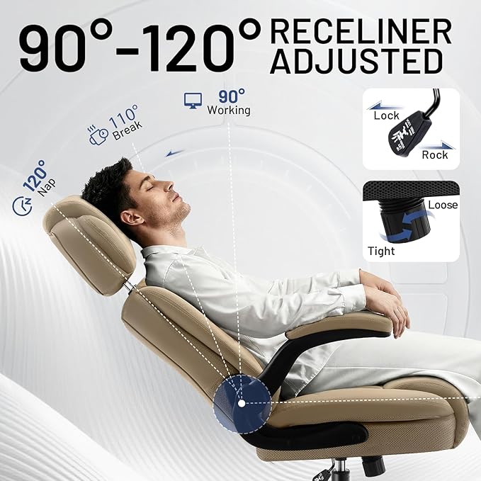 AreShark Ergonomic Office Chair with Lumbar Support, 400lbs Heavy Duty Big and Tall Executive Desk Chair, PU Leather High Back Computer Chair with Flip-Up Arms & Adjustable Headrest, Khaki