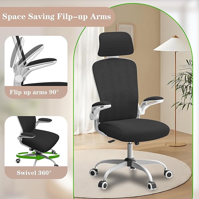 Ergonomic Office Chair for Long Hours Sitting – Back & Neck Pain Relief, Adjustable Lumbar Support & Headrest, High-Density Foam Seat, Ideal for Work & Home Office, Black/White