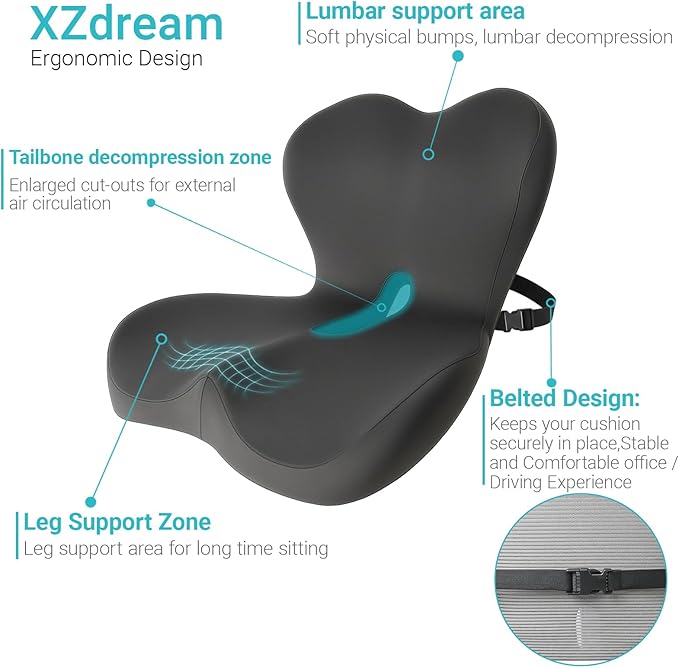 Memory Foam Seat Cushion,Office Chair Cushion with Lumbar Support for Back Pressure Relief, Car Seat Cushion with Adjustable Strap,Sciatica Pad Cushions for Car,Truck, Desk (D-Dark Grey)