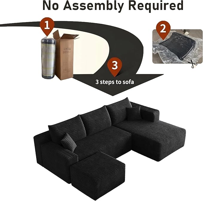 94" Black Fluffy Couch with Ottoman for Living Room, Corduroy No Bones Sectional Couch,Compressed Memory Foam Cloud Sofa,No Assembly Required,Right Facing Chaise,Black