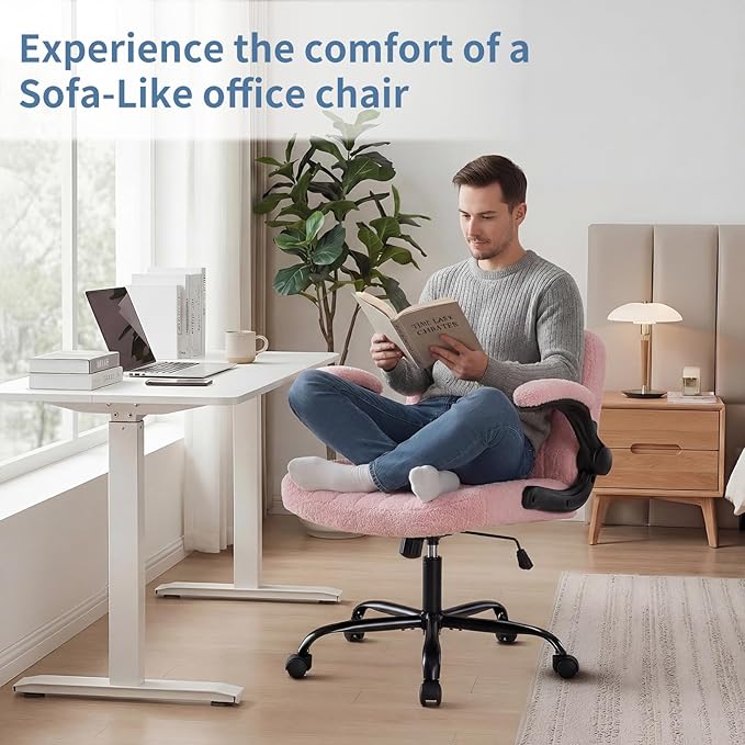 DUMOS Criss Cross Home Office Chair with Wheels, Wide Cross Legged Desk Vanity Chair Comfy Fabric Flip-Up Armrests Adjustable Swivel Chairs for Home Computer Bedroom, Teddy Pink