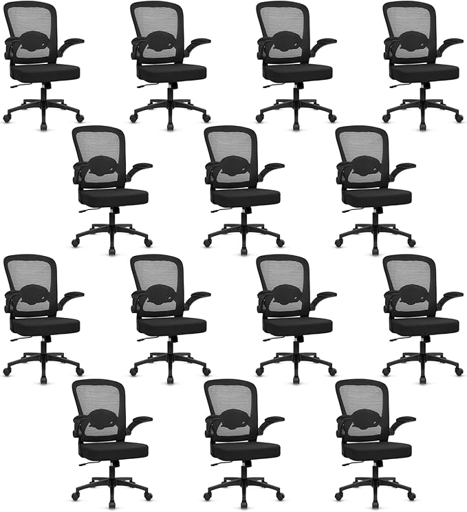 KLASIKA Desk Chairs with Wheels, Ergonomic Mesh Back Home Office Chair Adjustable Lumbar Support & Height Swivel Rolling Computer Task Chairs with Flip Up Armrests for Conference Meeting, Black, 14PK