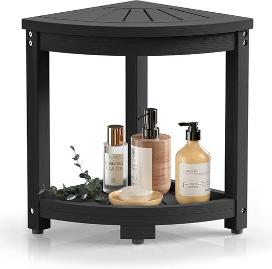 Waterproof Corner Shower Stool for Inside Shower, Poly Lumber Shower Bench Seat Chair, Bath Shower Stool for Shaving Legs Foot Rest with Storage Shelf, Adjustable & Non-Slip Feet, Black
