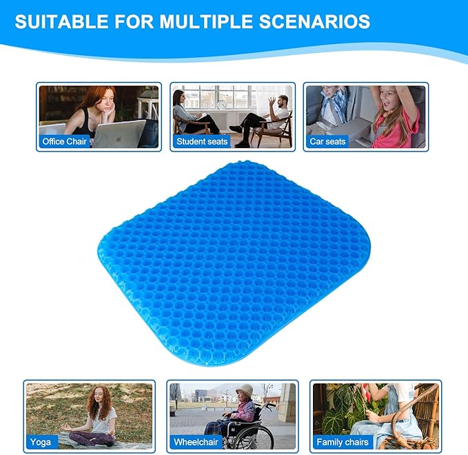 Shouken Large Gel Seat Cushion for Long Sitting with Non-Slip Cover - 18 x 17 Inches, Soft & Breathable, Gel Chair Cushion for Wheelchair, Car, Desk, Home, Hip Pain, Office Chair