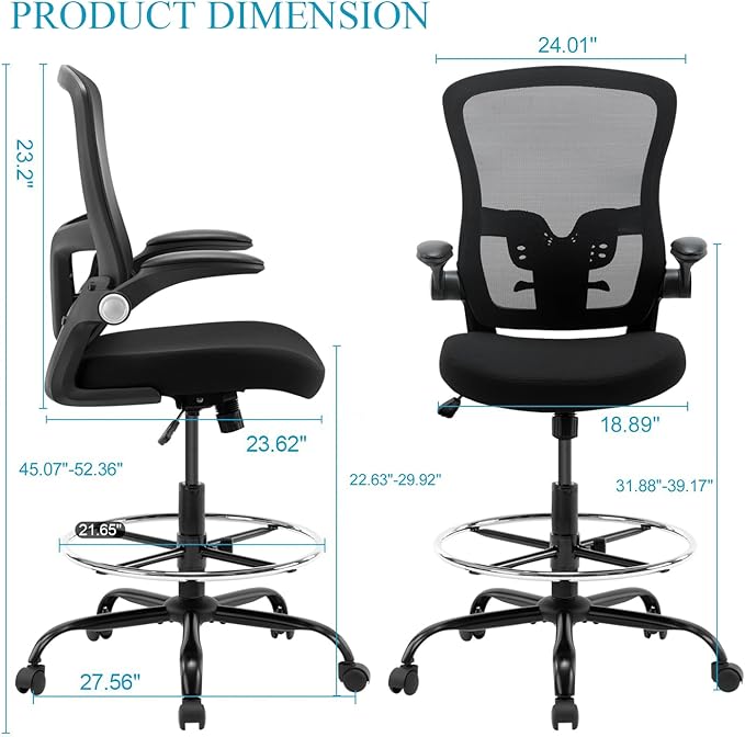 Drafting Chair,Tall Office Chair, Ergonomic Standing Desk Chair with Flip-up Armrests,Mid-Back Counter Height Computer Task Chair with Lumbar Support and Adjustable Footrest Ring,Black
