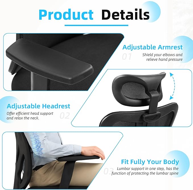 ECOTOUGE Ergonomic High Back Office Chair, Floor Chair with Back Support, Big and Tall Office Chair with Adjustable Headrest, Gaming Chair Mesh Home Office/Study Chair, Black