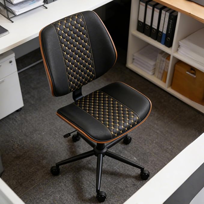 Modern Walnut Home Office Chair with Wheels, Executive Office Desk Chair No Arms, Adjustable Height Small Desk Chair, Comfy PU, Deeper Cushion, Mid Back 360 Swivel Computer Chair, Black-Embroidery