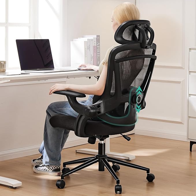 Sweetcrispy Executive Office Ergonomic Desk Chair, 300 LBS Home Mesh Chairs with Wheels, 2D Headrest, Up&Down Lumbar Support, Swivel High Back Computer Chair with Flip-up Armrests,Black