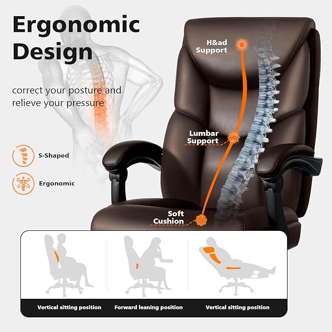 WAILOR 400lbs Office Chair with Foot Rest, Reclining Big and Tall Office Chair with Lumbar Support, High Back PU Leather Computer Chair,Comfy Desk Chair for Home Office (Casual) (Brown)