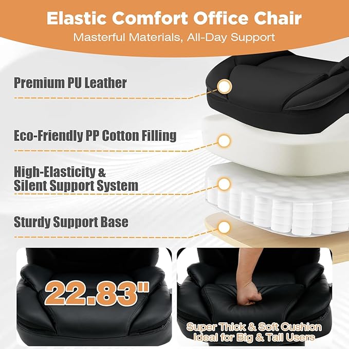 Comfortable Office Chair with Lumbar Support, PU Leather Ergonomic Reclining Office Desk Chair Wide Seat Recliner Office Chair with Foot Leg Rest, Black