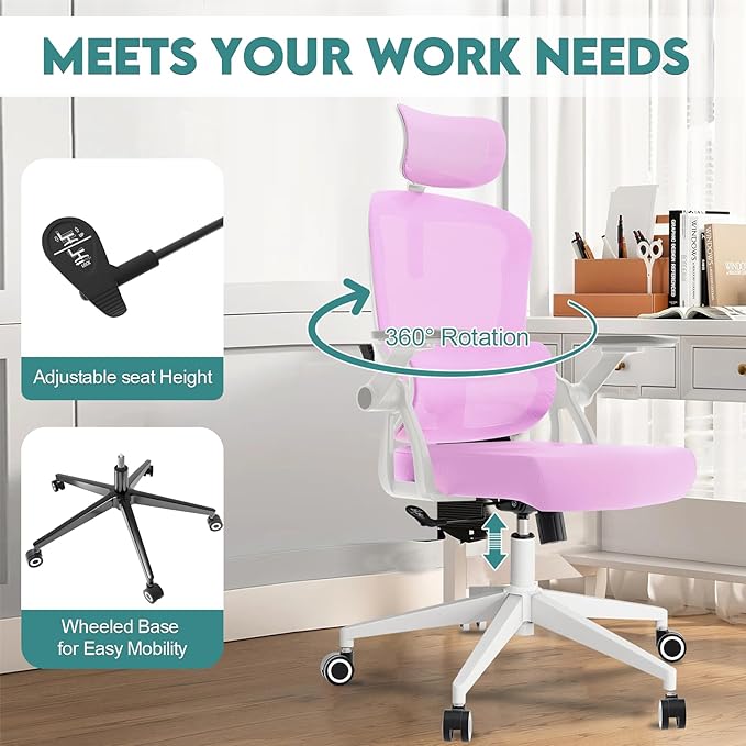 350 LBS Ergonomic Office Computer Mesh Chair - Adjustable Height Rolling Desk Chair with Flip-Up Armrests & High Back Support - Comfortable Swivel Task Chair for Home Office (01PINK)